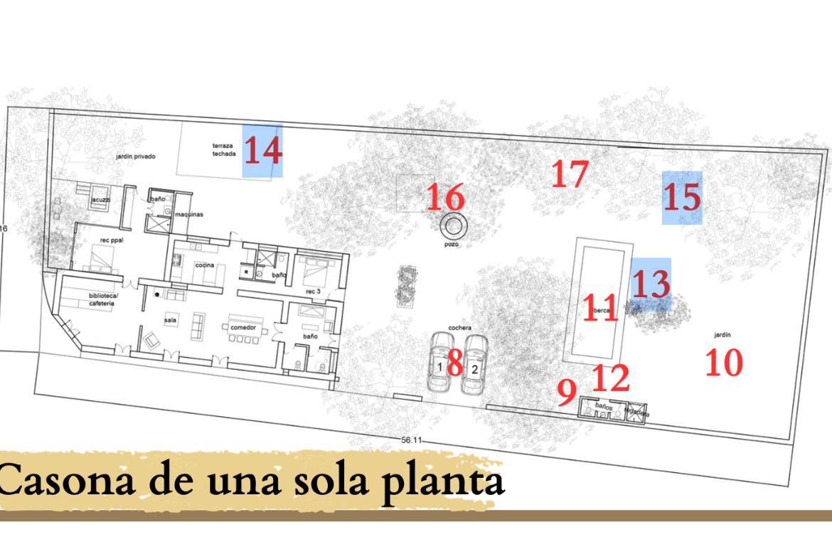 Plano de una propiedad con casa, jardín, alberca y estacionamiento, con números de referencia.