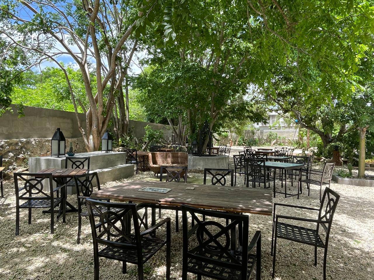 Patio exterior con mesas y sillas de metal y madera, rodeado de árboles y vegetación.