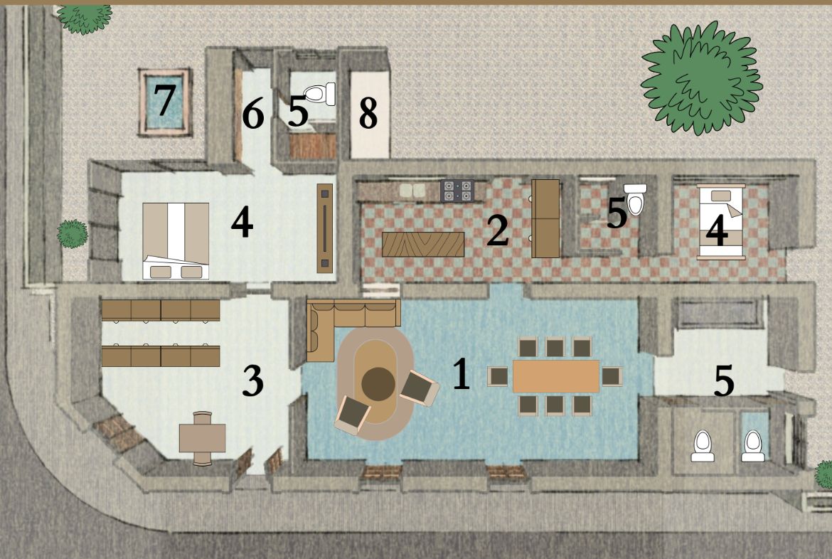 Plano de planta de una casa con varias habitaciones y un patio exterior.