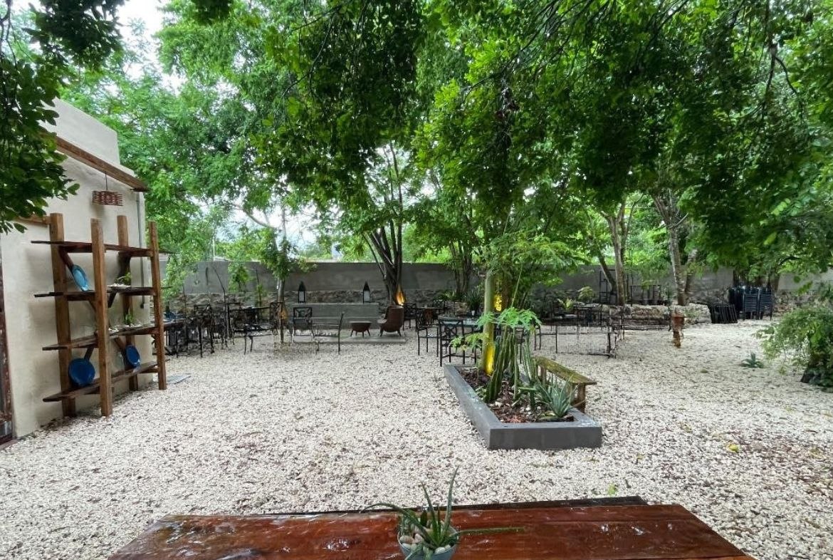 Patio exterior con suelo de grava, árboles frondosos y mobiliario de jardín.