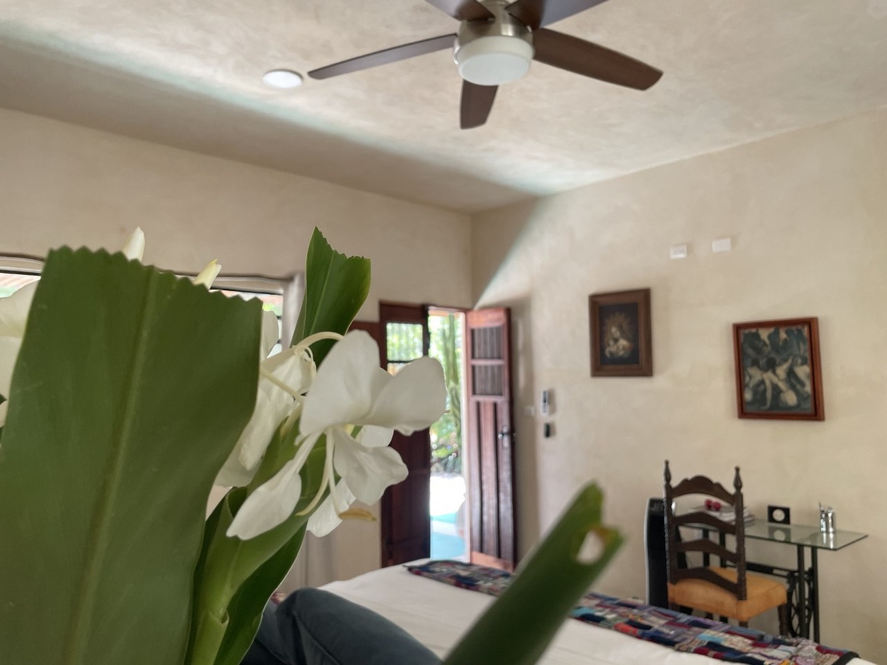 Recámara con cama, ventilador de techo, cuadros en la pared y puerta abierta al exterior.