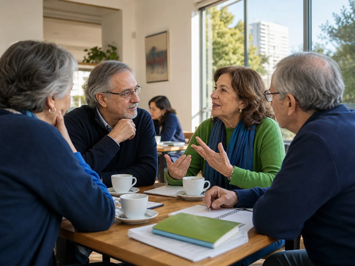 Grupo de docentes con experiencia conversando en un café pedagógico