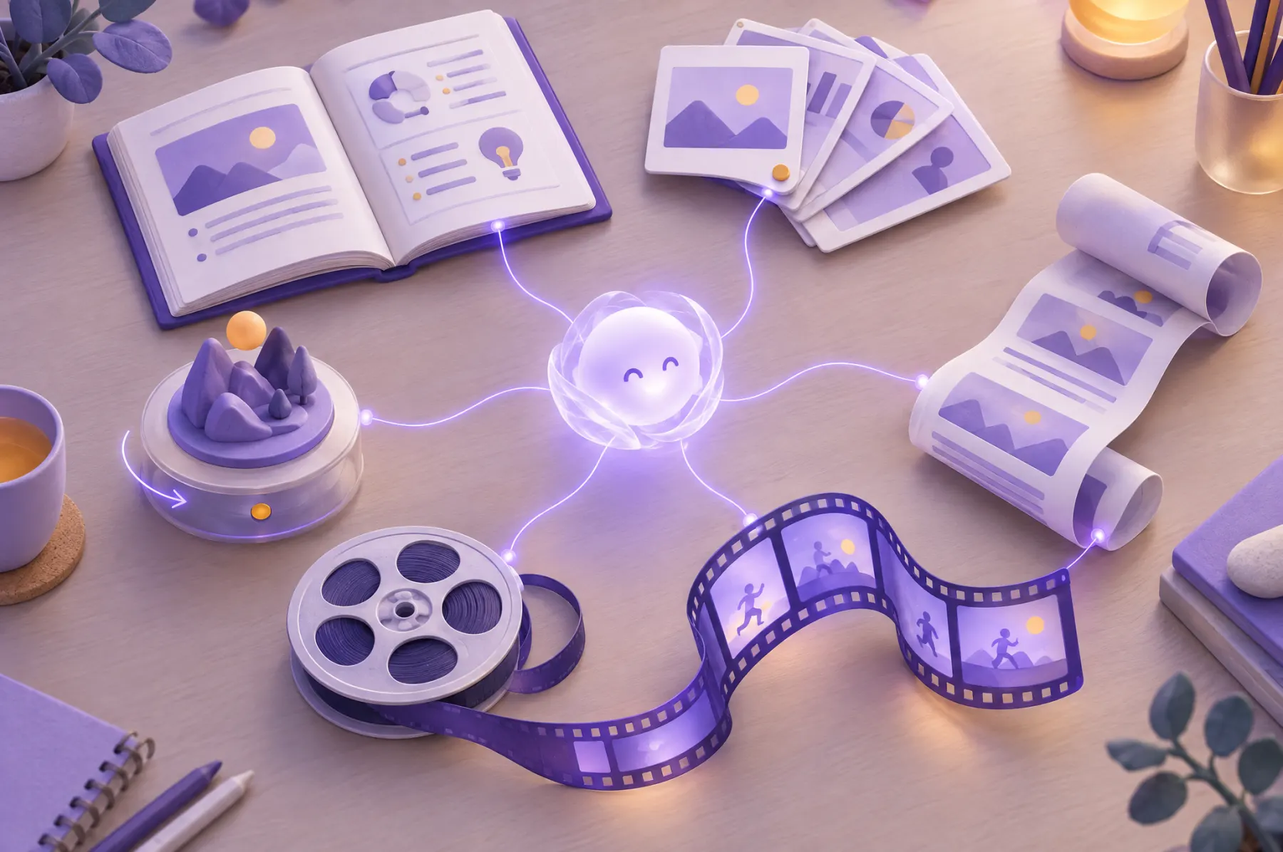 A worktable with a workbook, slide cards, a scrolling strip, a filmstrip, a 3D model and a film reel, all connected by glowing threads to a small orb.