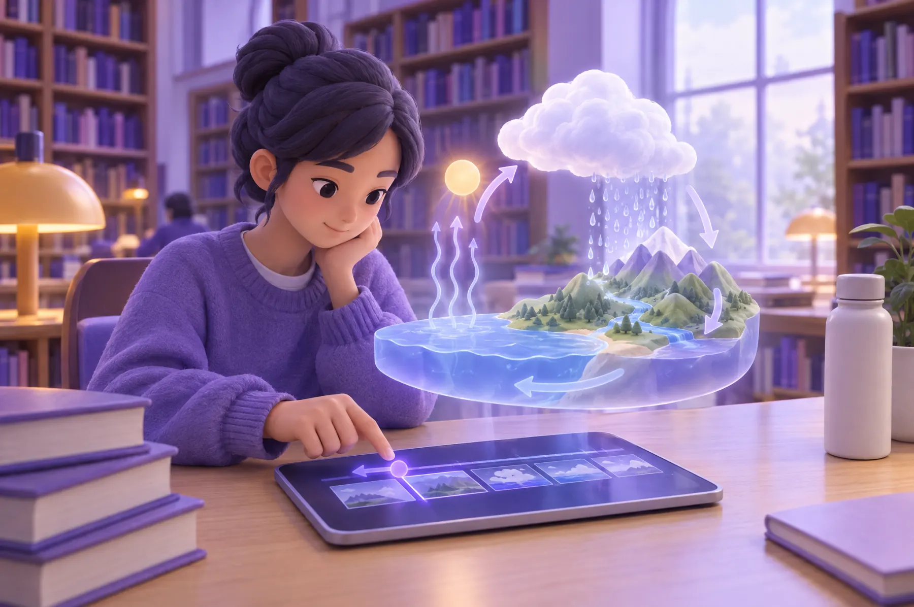 A student in a library dragging a playhead back on a tablet while a small 3D water cycle replays above it.
