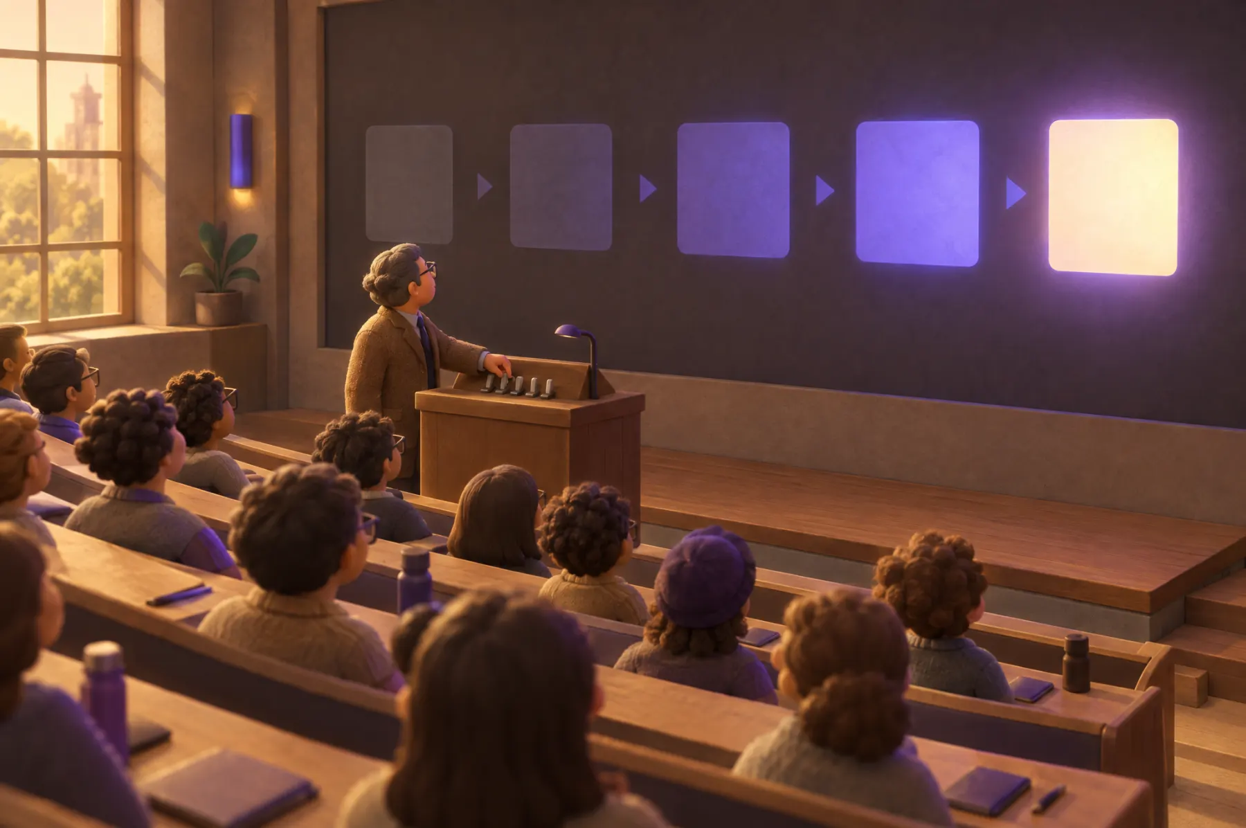 A lecture hall in warm light; a professor flips switches on a lectern and blocks on the wall light up one by one.