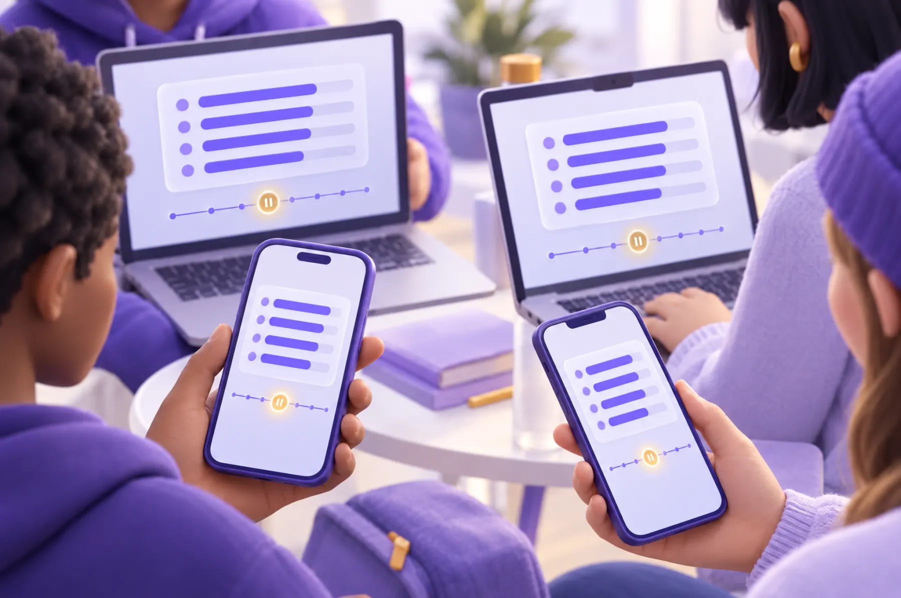 Phones and laptops showing the same poll, with bars filling in together and a pause marker on the timeline below.