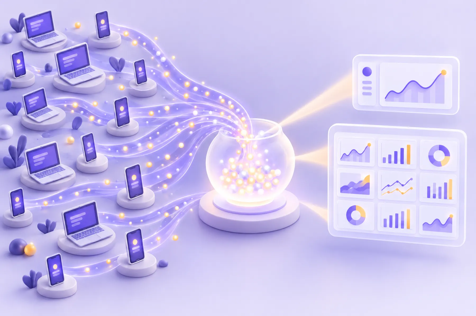 Answers flowing from many devices into one glowing vessel, which feeds a small class chart and a larger grid of charts.