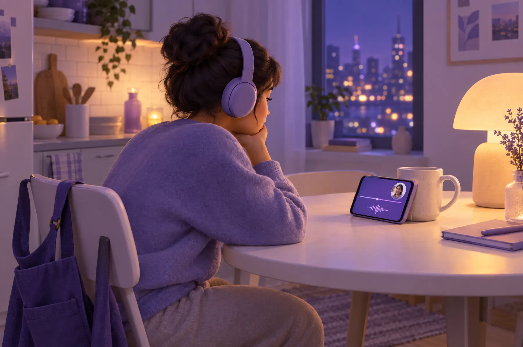 A young adult at a kitchen table in the evening, with headphones, watching the recorded class on a phone propped against a mug.