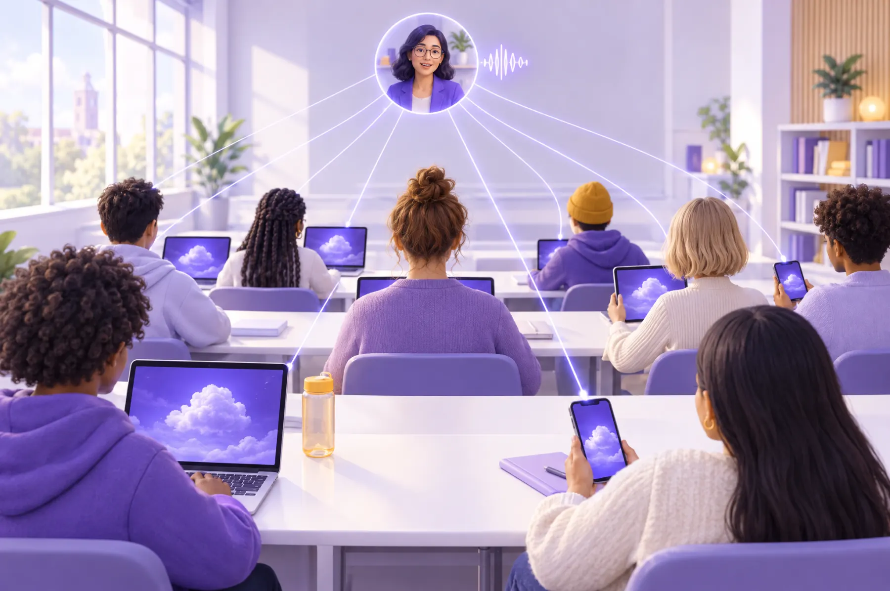 Students in a classroom with laptops and phones, every screen showing the same cloud; a small video bubble and a sound wave float above, linked to each screen.