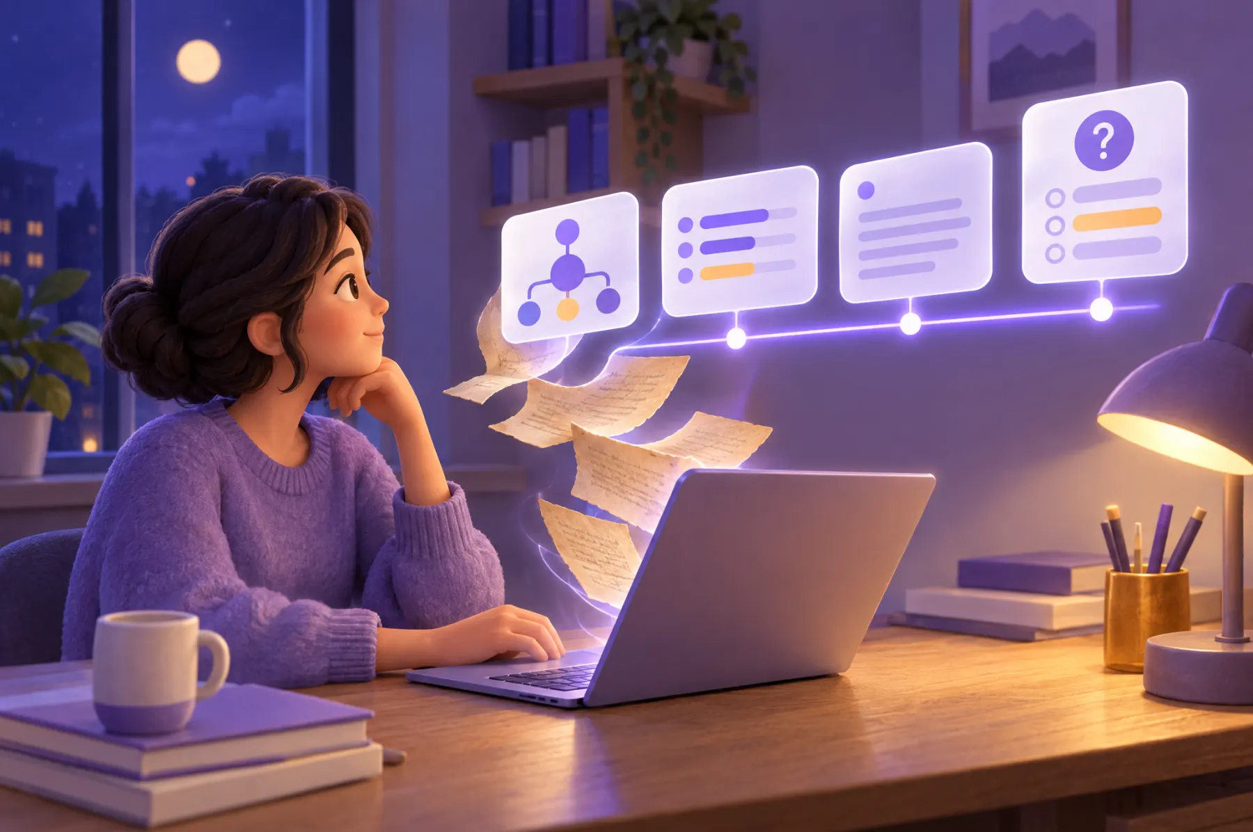 A teacher at a desk at night; pages from an old document lift off and turn into lesson blocks lined up along a glowing timeline.