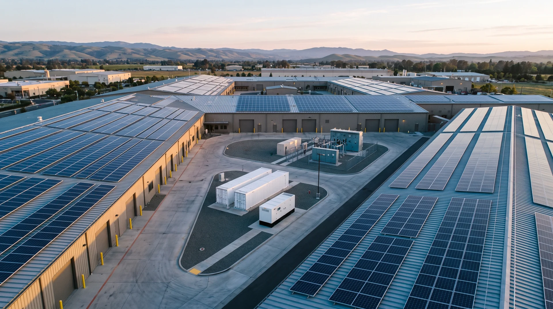 AI-generated industrial campus concept with rooftop solar, battery storage and backup generation
